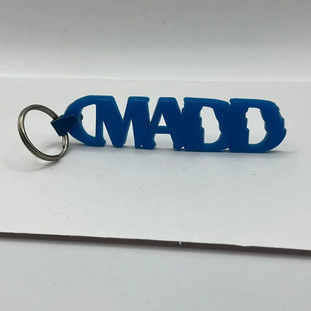 Vintage MADD Keychain Blue Rubber Mothers Against Drunk Driving‎ Awareness Logo